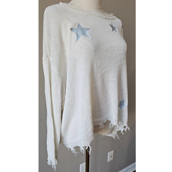 Storia Star Fringe Hem Boat Neck Sweater Emb Stars Oversized Womens Size M - Picture 2 of 8